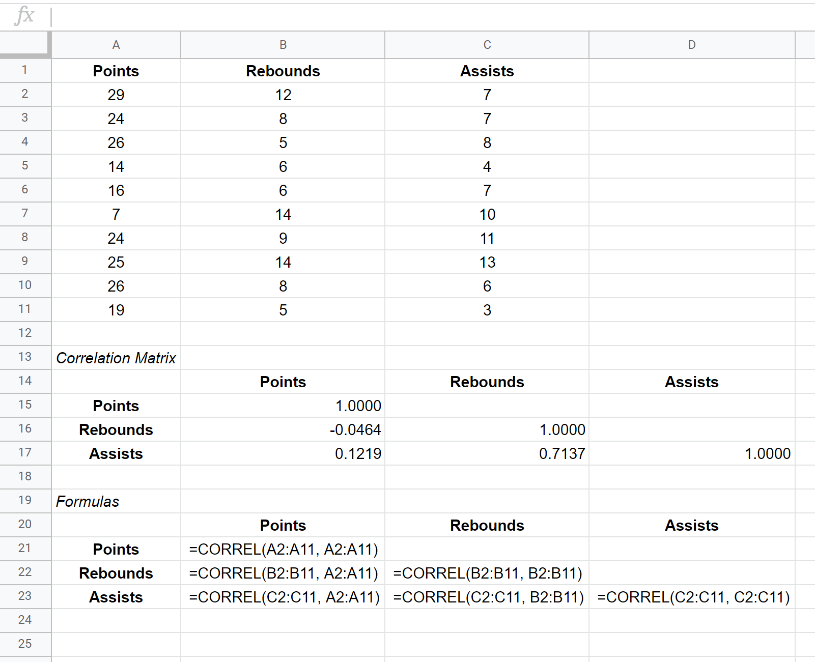 Correlation matrix in Google Sheets