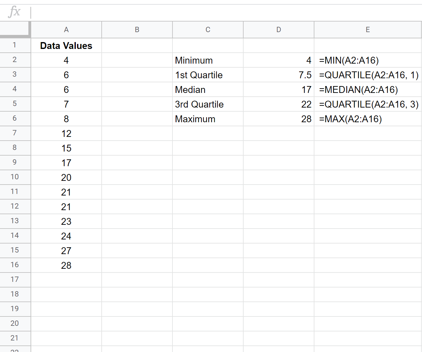 Five number summary in Google Sheets