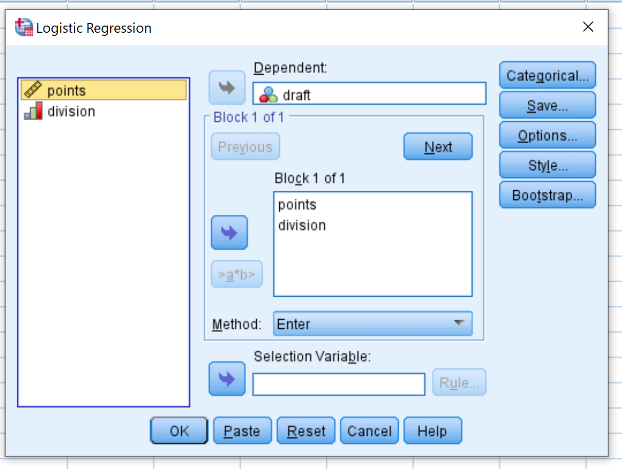 Logistic regression input in SPSS