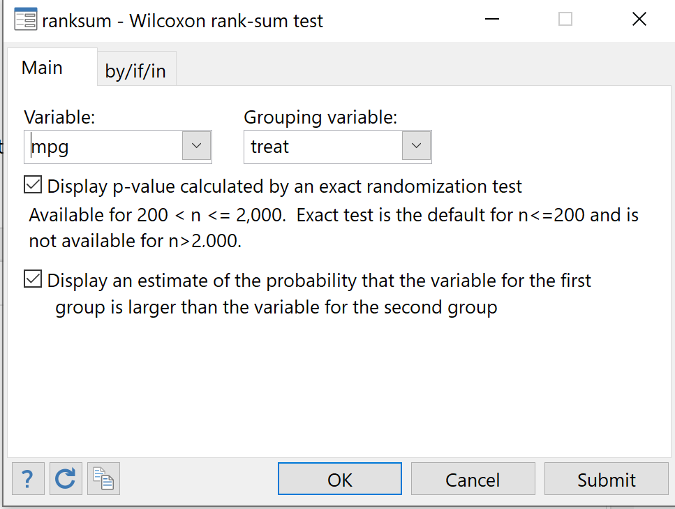 Mann Whitney U test in Stata