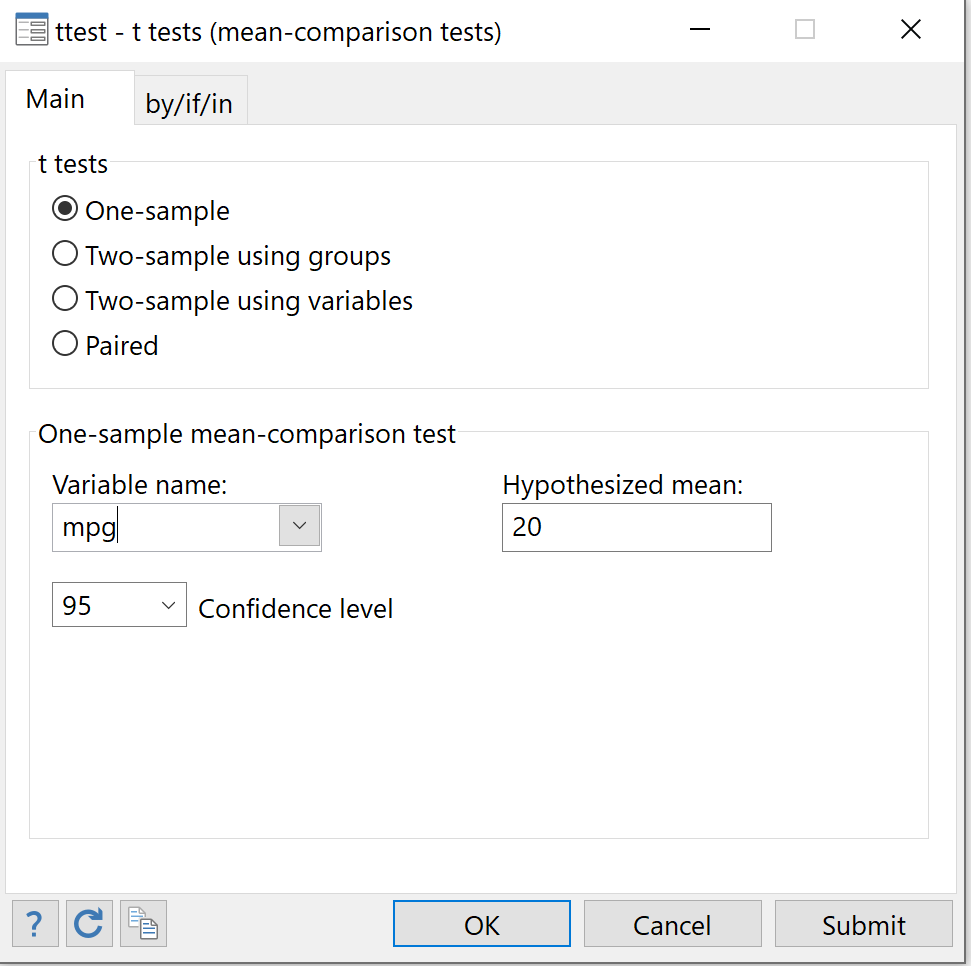 One sample t-test with Stata