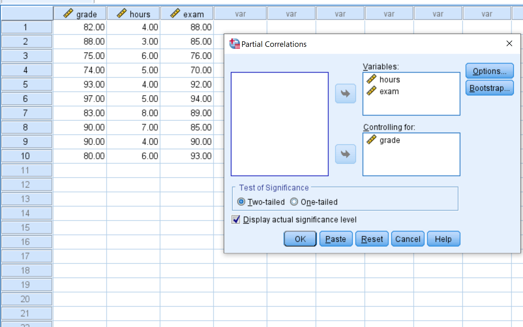 Partial correlation in SPSS