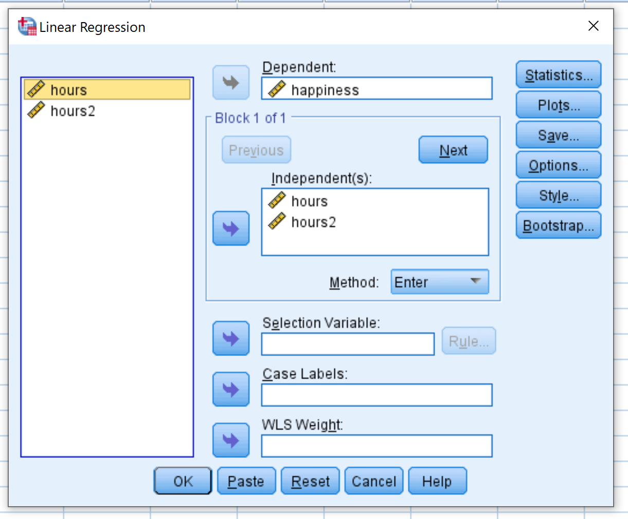 Quadratic regression in SPSS example