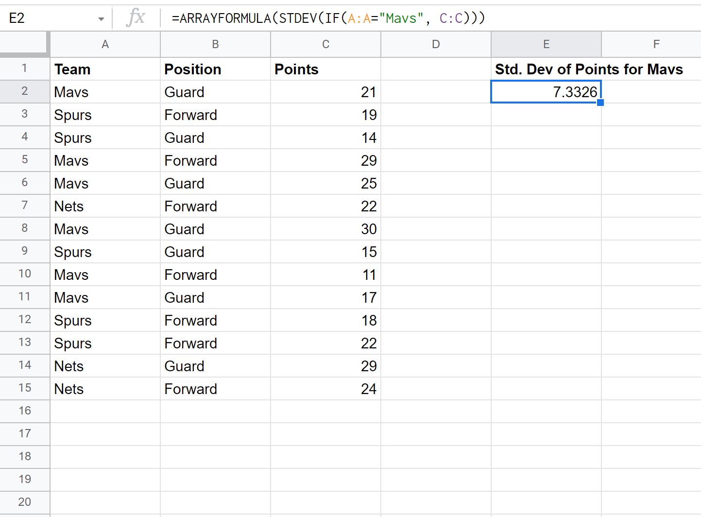 standard deviation if calculation in Google Sheets
