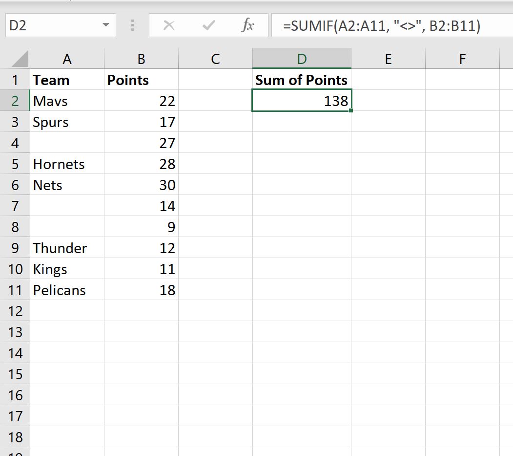 Excel sum if not blank