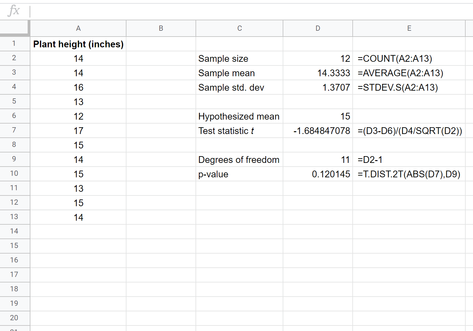 One sample t-test in Google Sheets