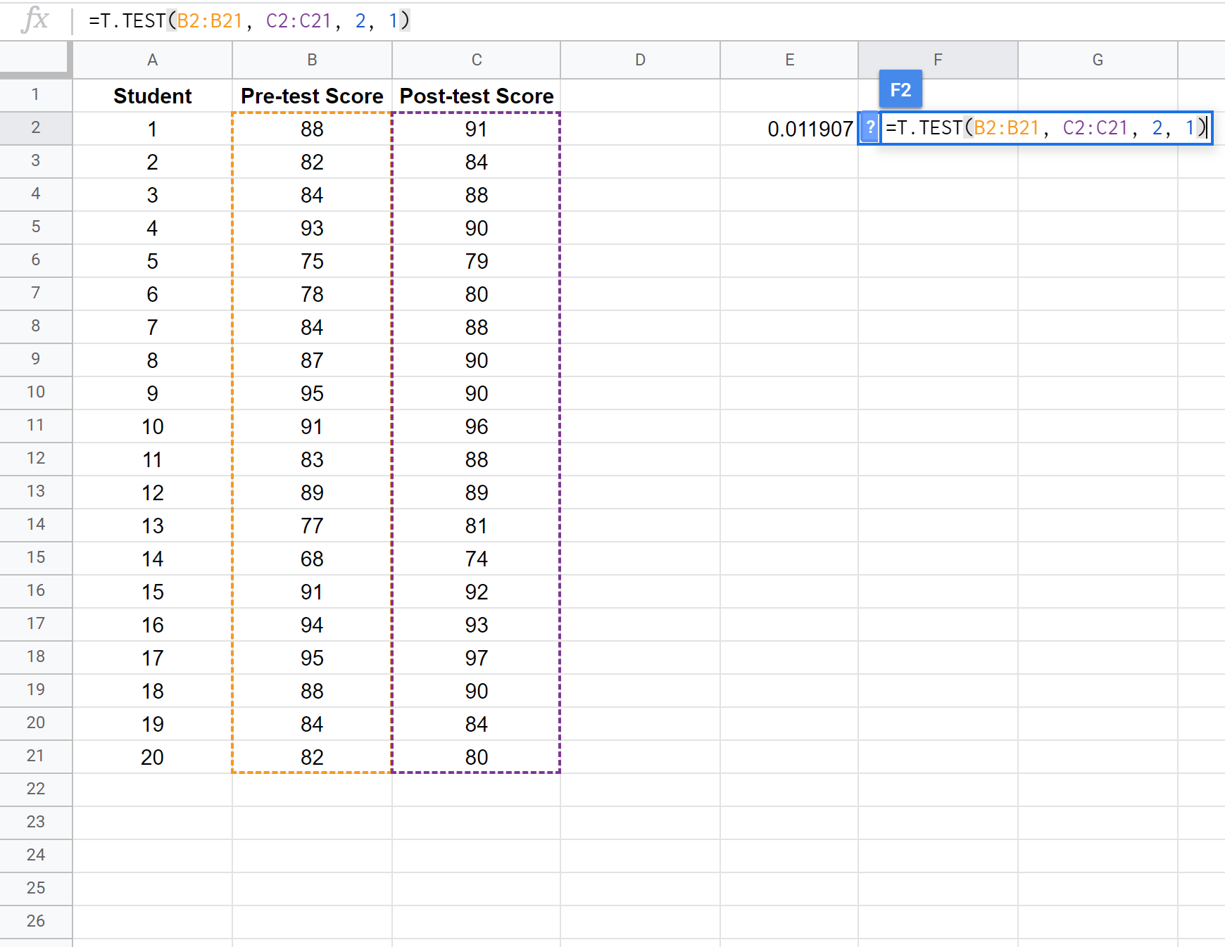 Paired samples t-test in Google Sheets