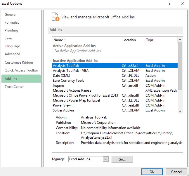 Loading the Analysis ToolPak in Excel