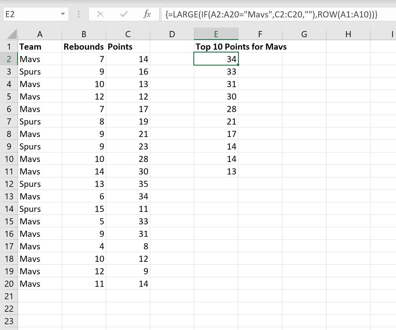 Excel top 10 values based on criteria