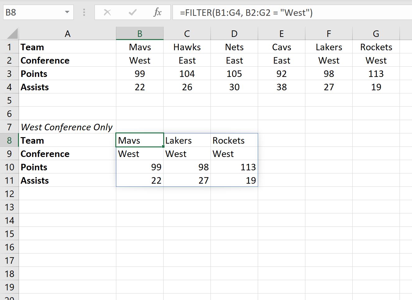 filter data horizontally in Excel