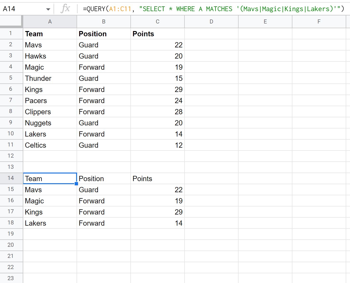 Google Sheets query where in list