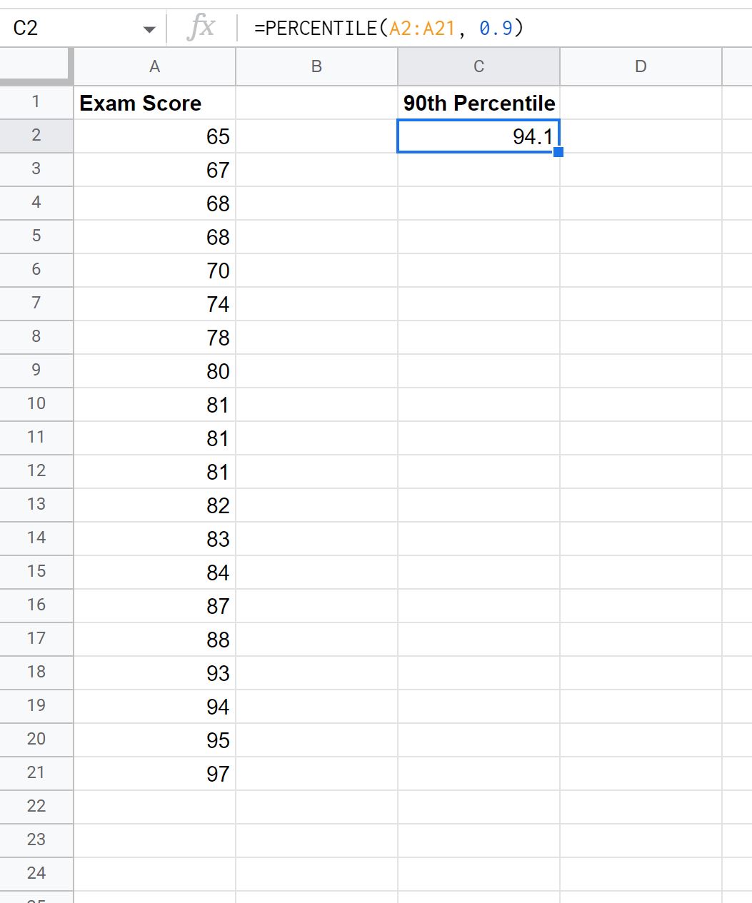 90th percentile in Google Sheets