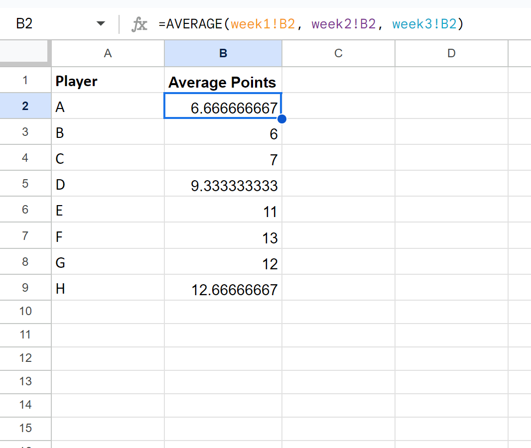 Google Sheets calculate average across multiple sheets