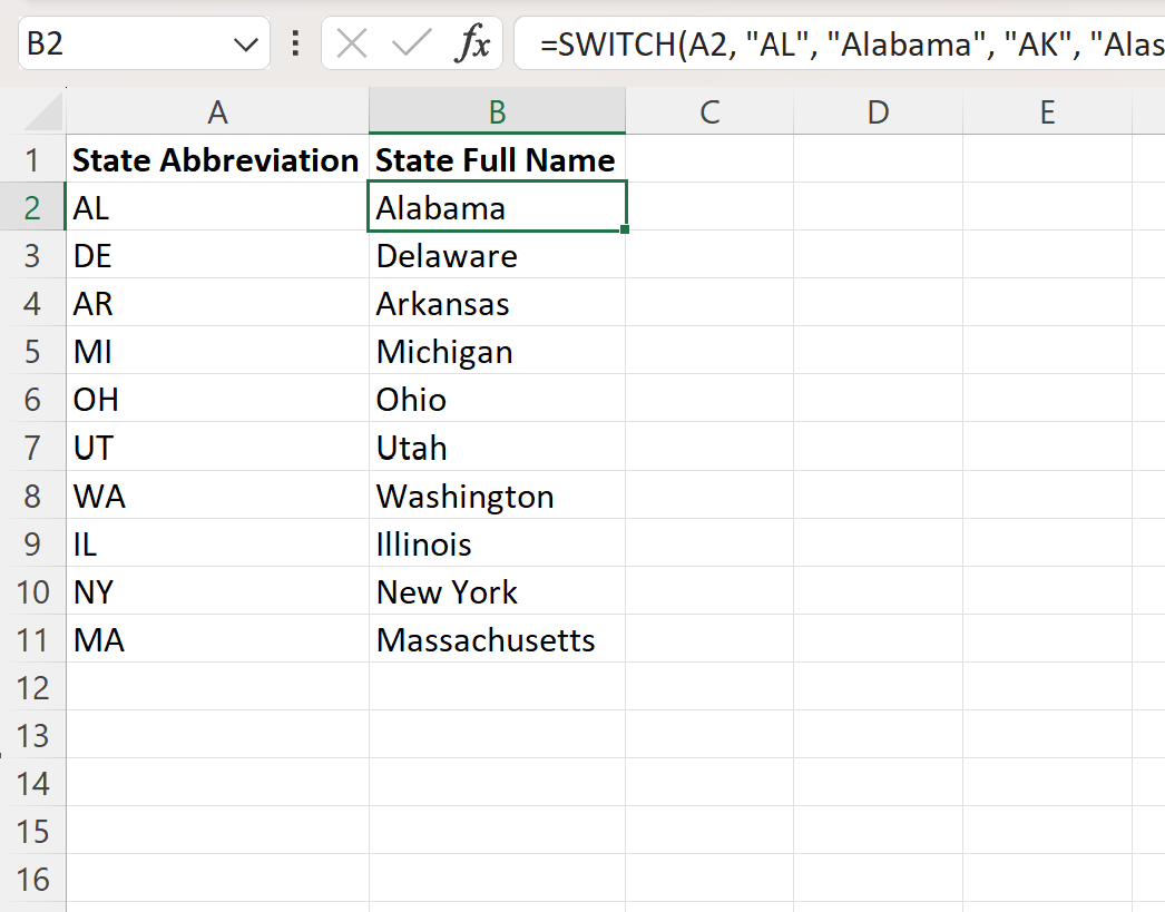Excel convert state abbreviation to full name