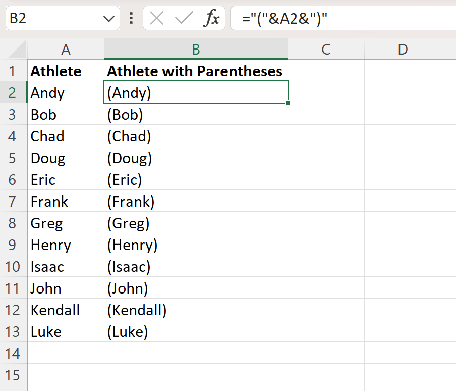 Excel add parentheses around text