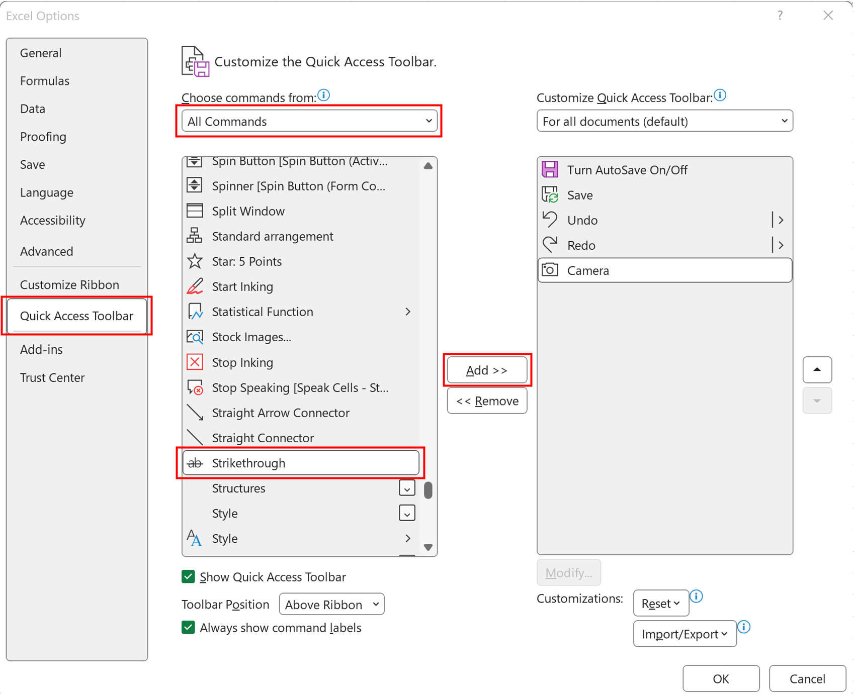 Excel add strikethrough button to ribbon