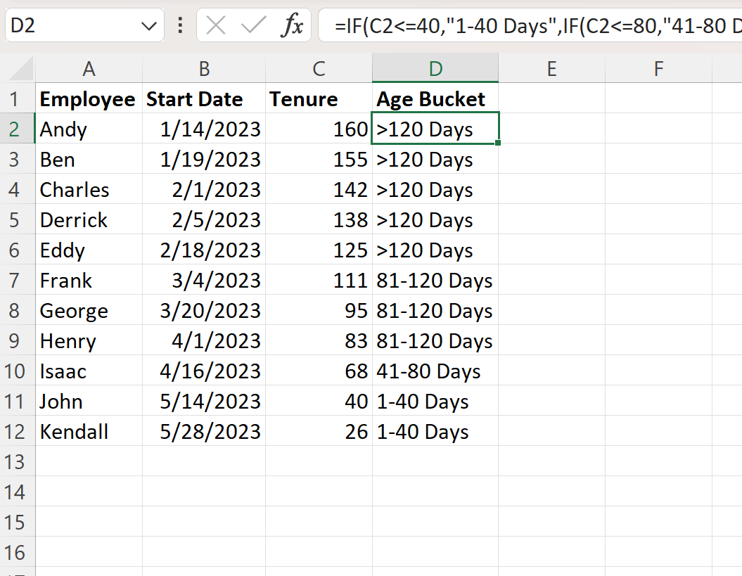 Excel IF function to calculate age brackets
