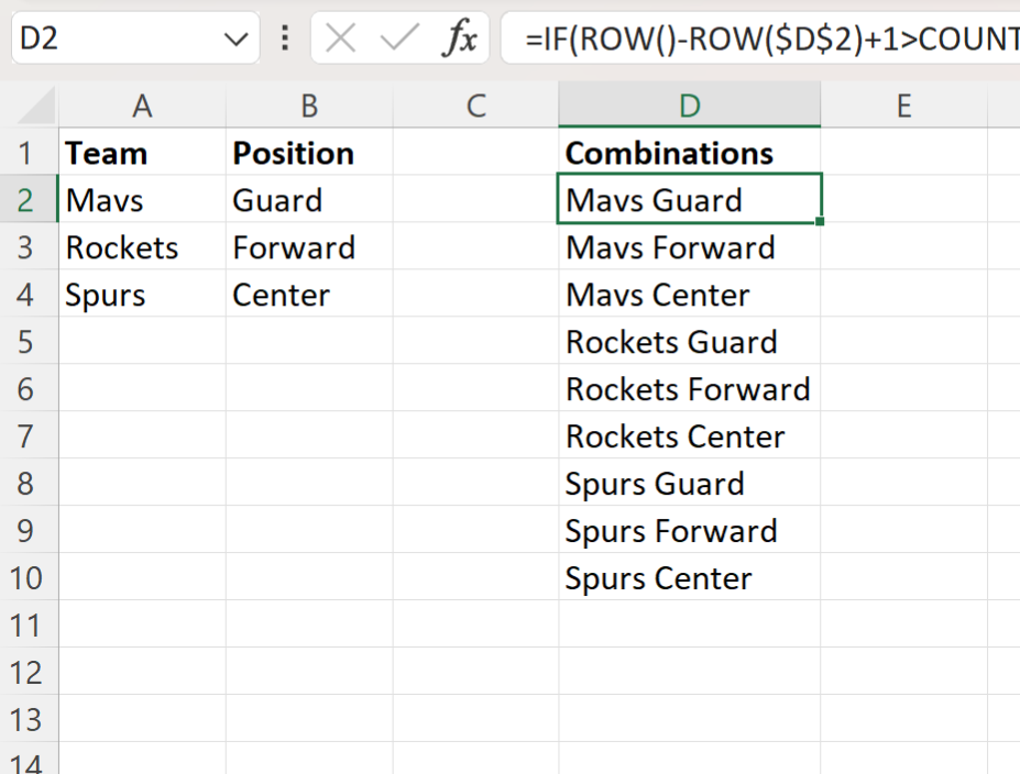 Excel list all possible combinations