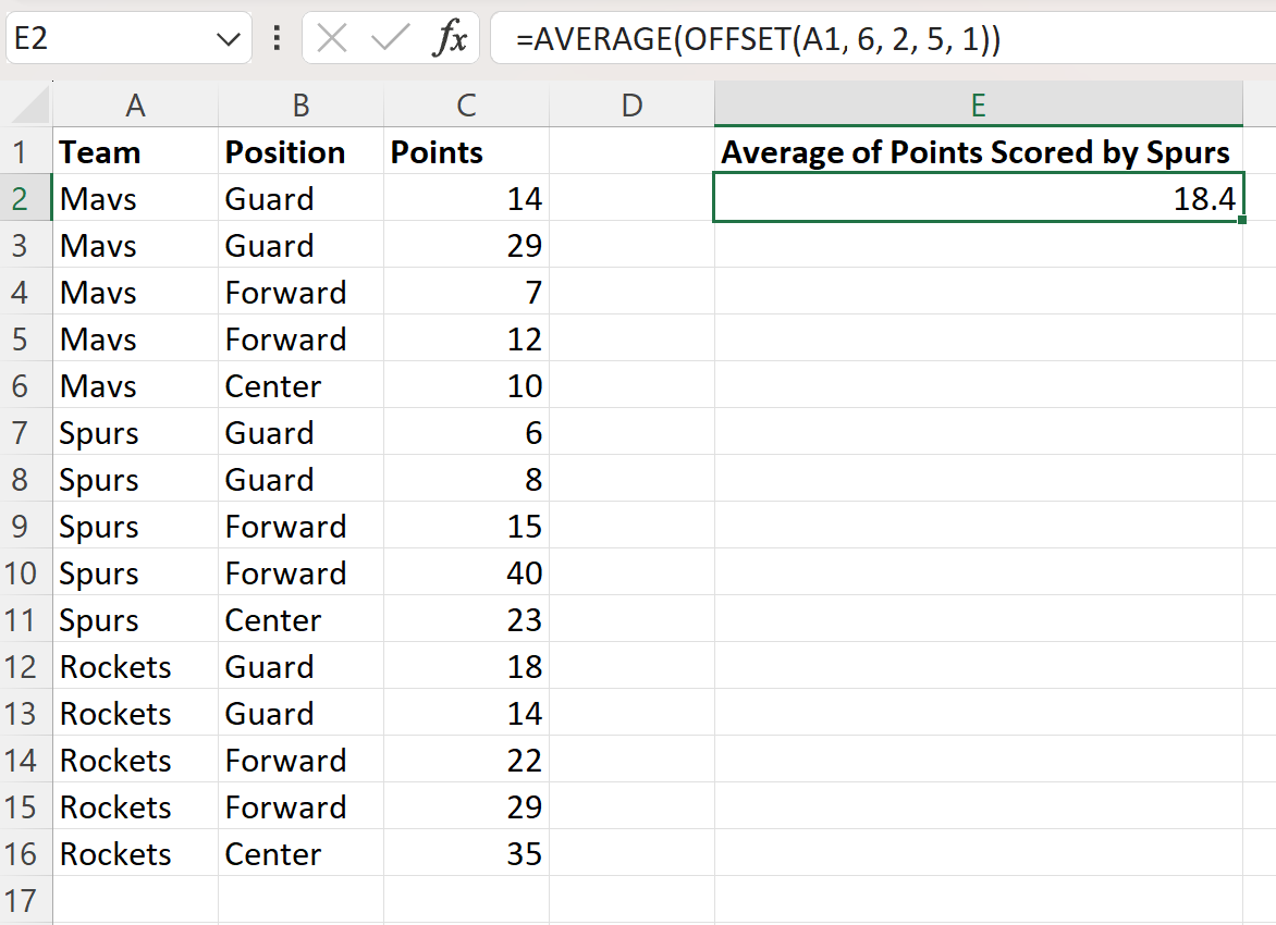 Excel average offset formula