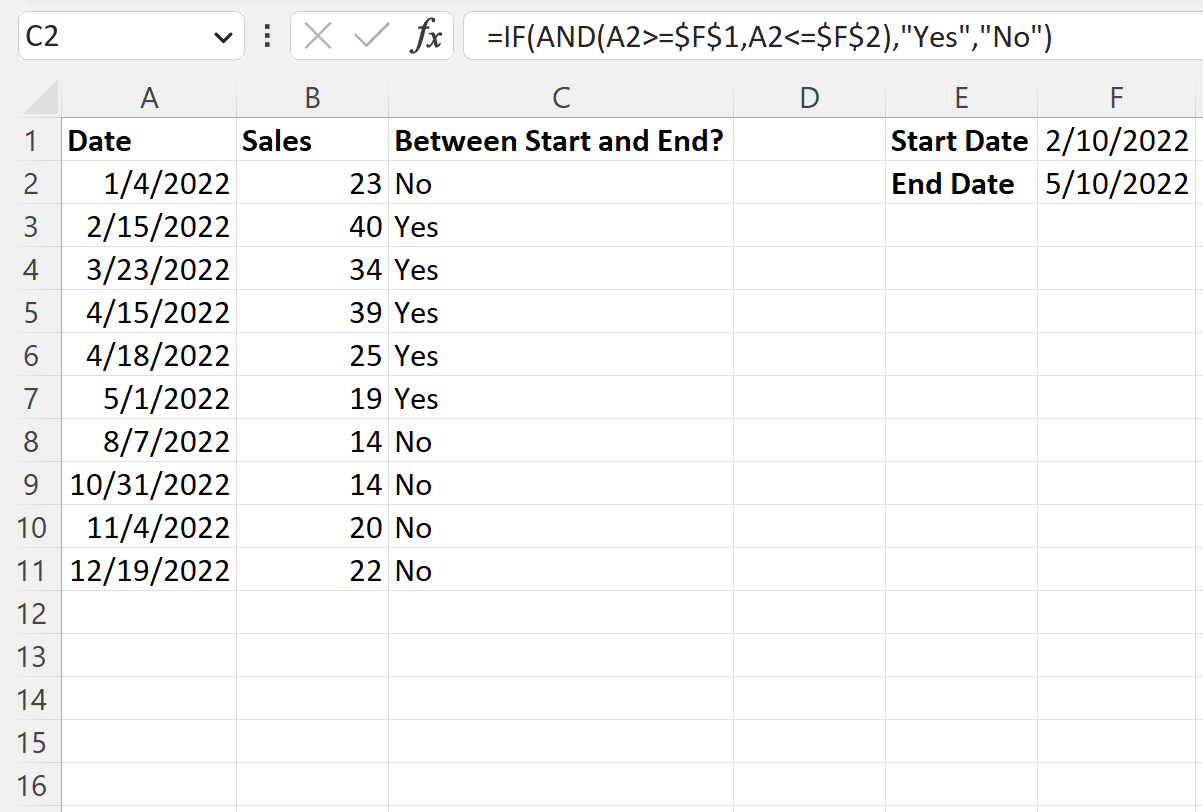 Excel check if date is between two dates