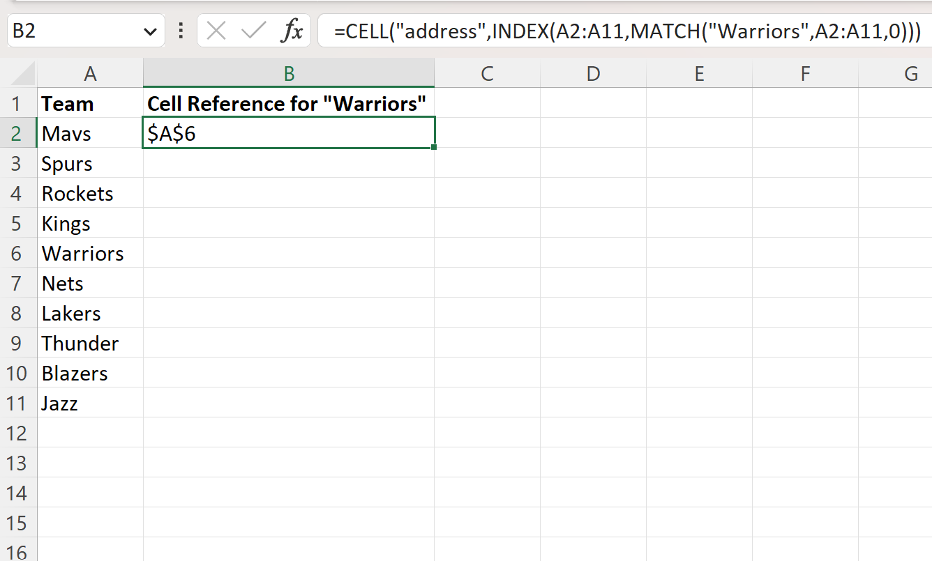 Excel find text in range and return cell reference