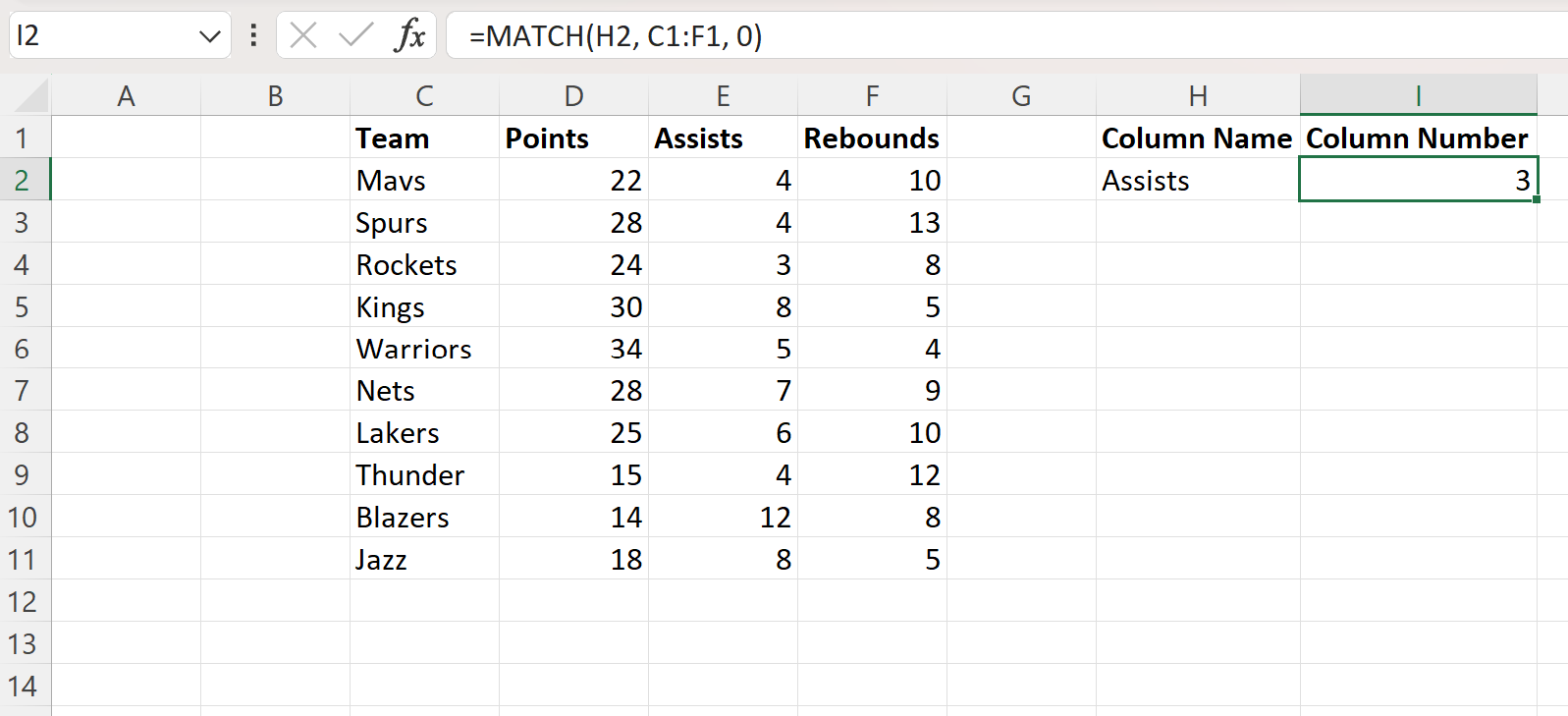 Excel return column number of match