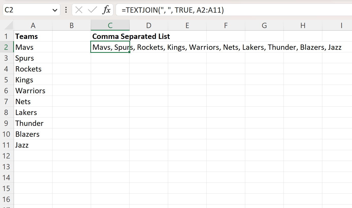 Excel convert column to comma separated list