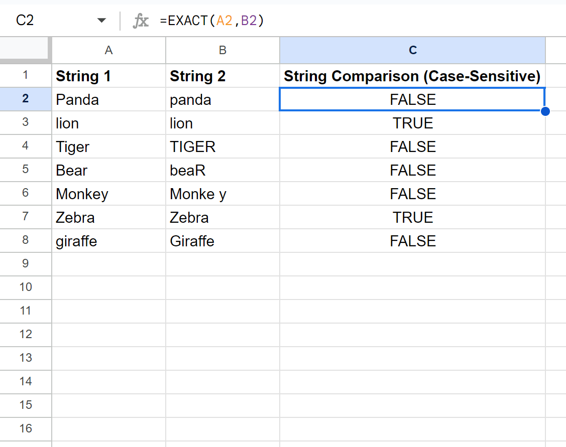 compare strings in Google Sheets