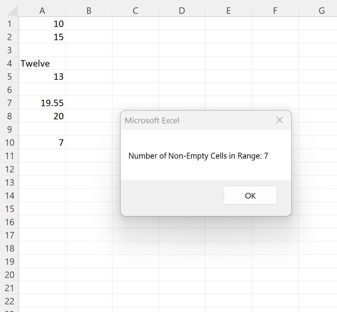 VBA CountA function example