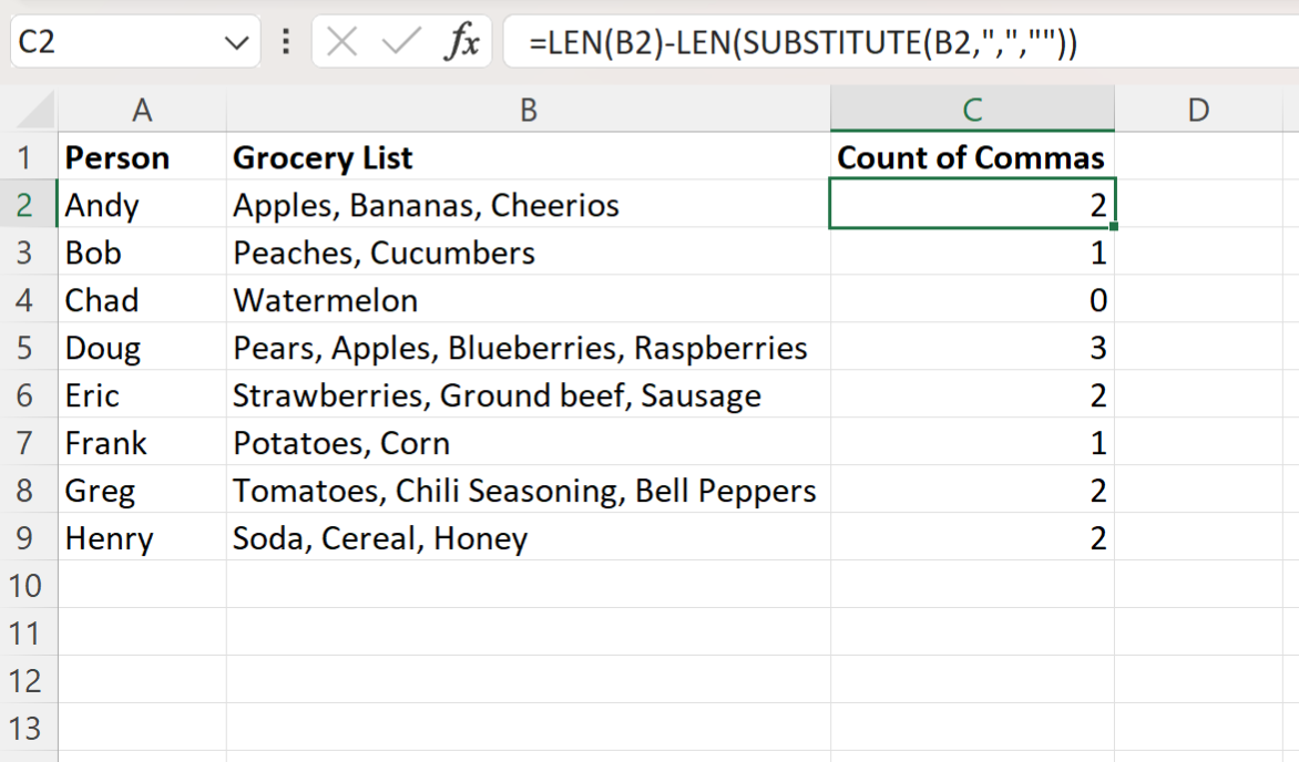 Excel count number of commas in cell
