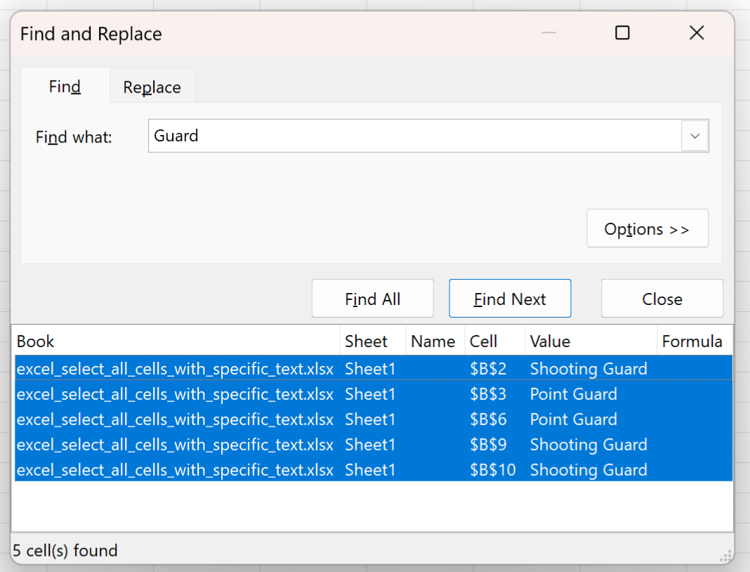 Excel select all cells with specific text