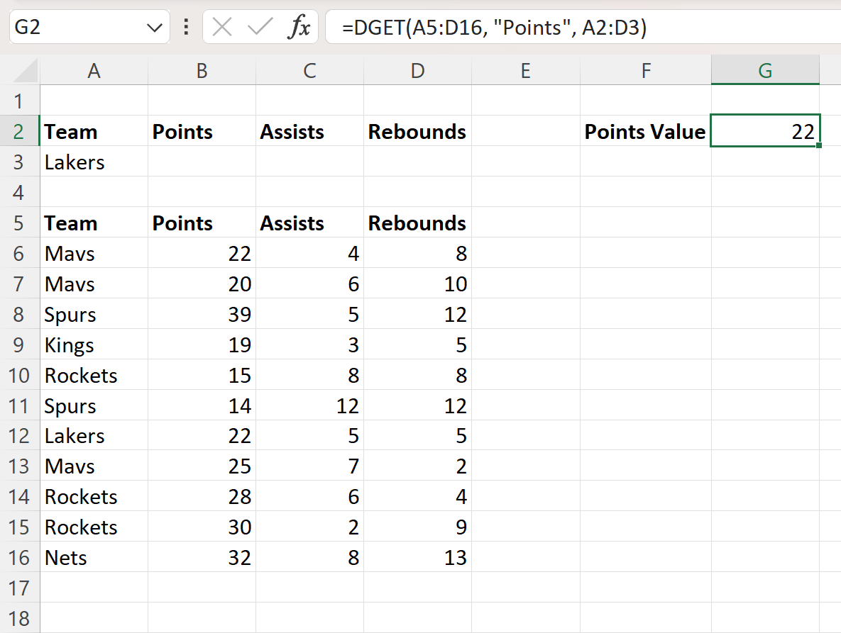 Excel DGET function Example