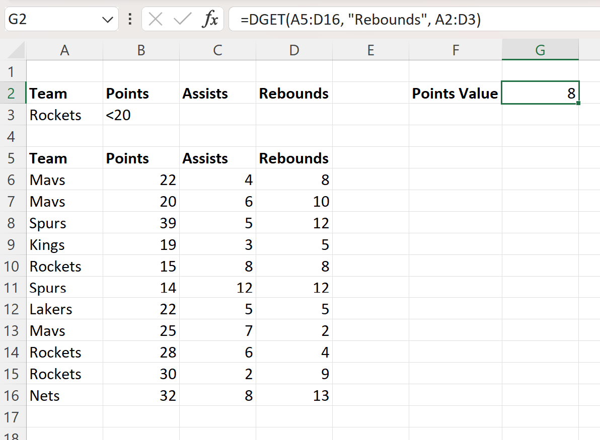 Excel DGET function with multiple criteria