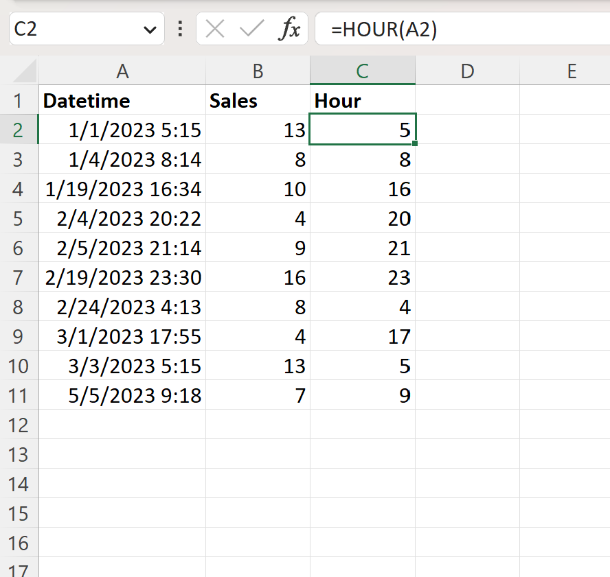 Excel extract hour from datetime