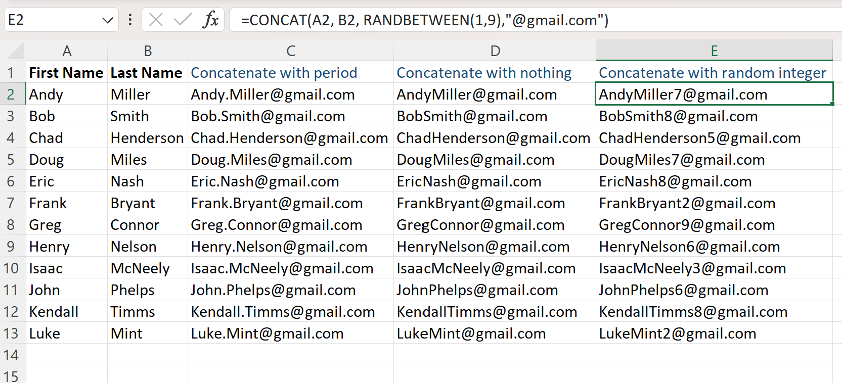 Excel add email address to name