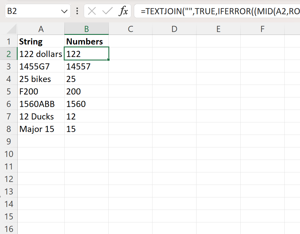 Excel extract number from string