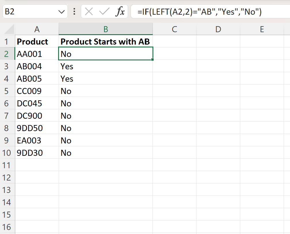 Excel check if cell begins with specific text