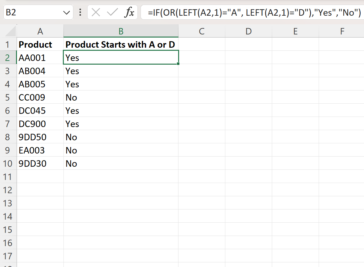 Excel check if cell begins with one of several characters