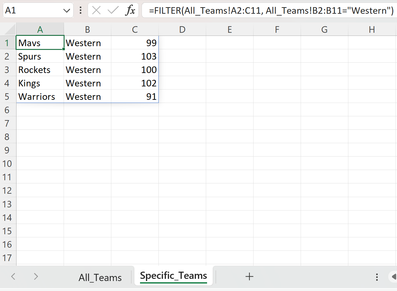 Excel filter from another sheet