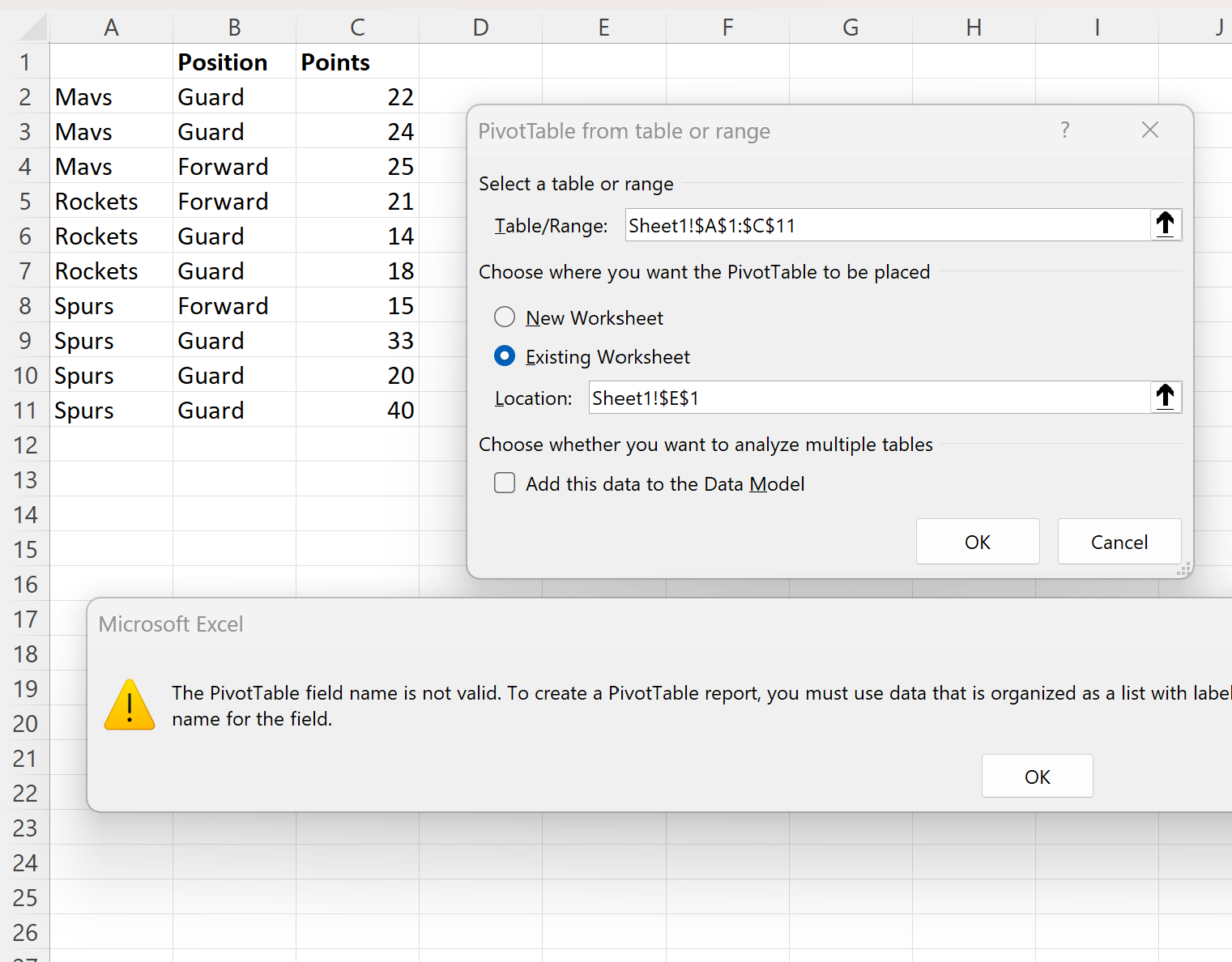 Excel how to fix pivot table name field is not valid