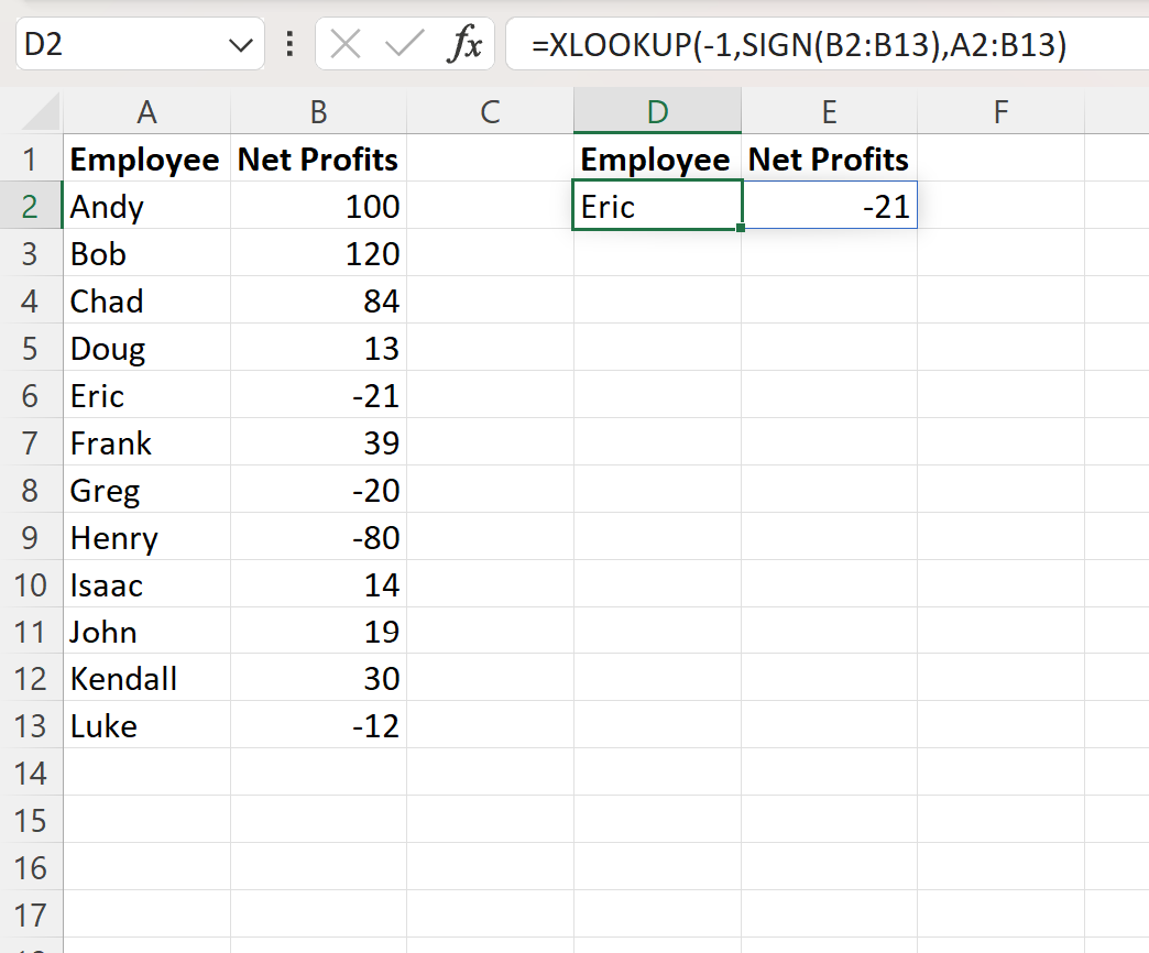 Excel find first negative value in range