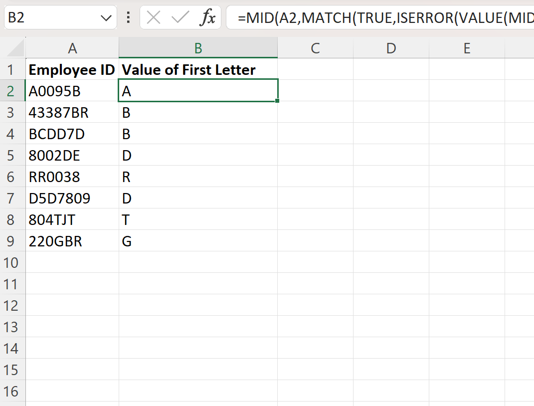 Excel find first letter in string