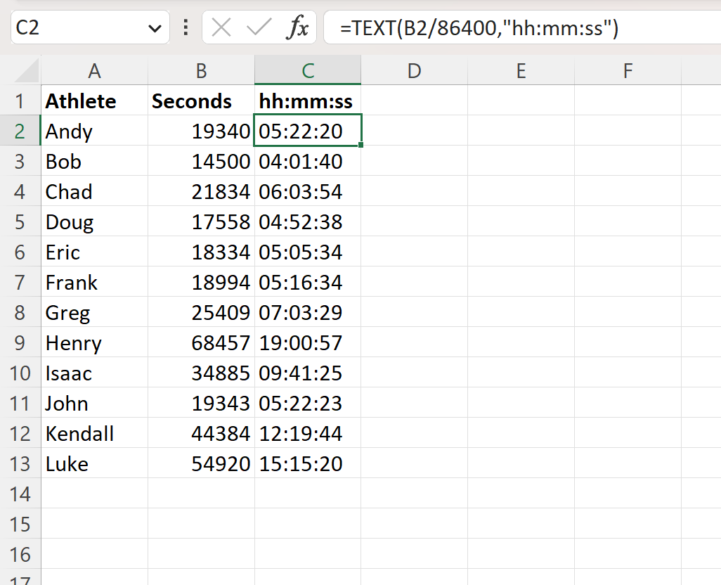 Excel convert seconds to hh:mm:ss format