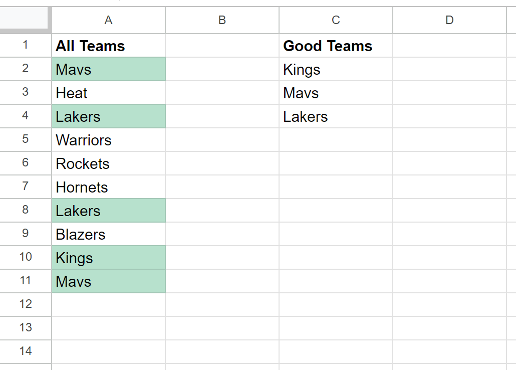 Google Sheets highlight if in list