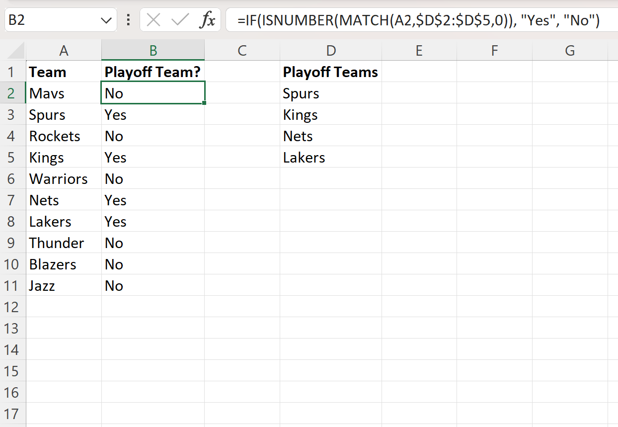 Excel if cell equals value from list then