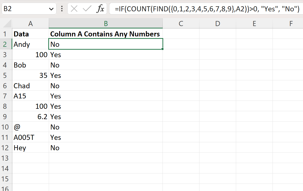 Excel check if cell contains any numbers