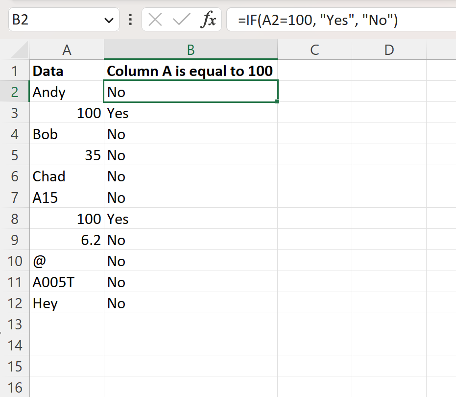 Excel check if cell is equal to specific number