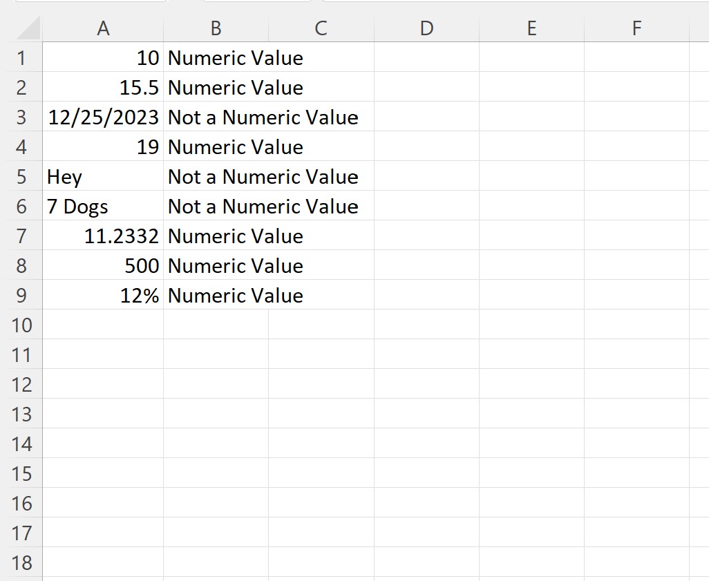 VBA IsNumeric function example