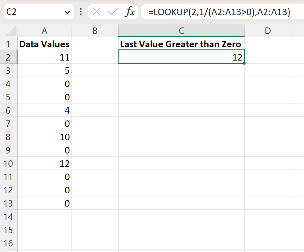 Excel find last value in column greater than zero