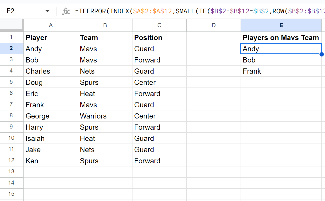Google Sheets create list based on criteria